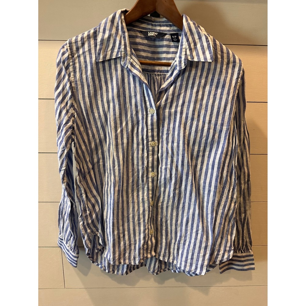 Lands End Women Blue White Striped 100% Linen Button Down Shirt Small 6-8